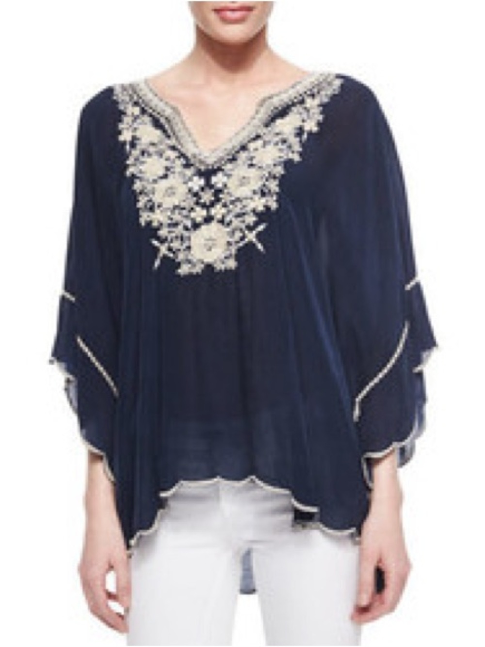 Johnny Was Embroidered Georgette Poncho Tunic Top Size XS